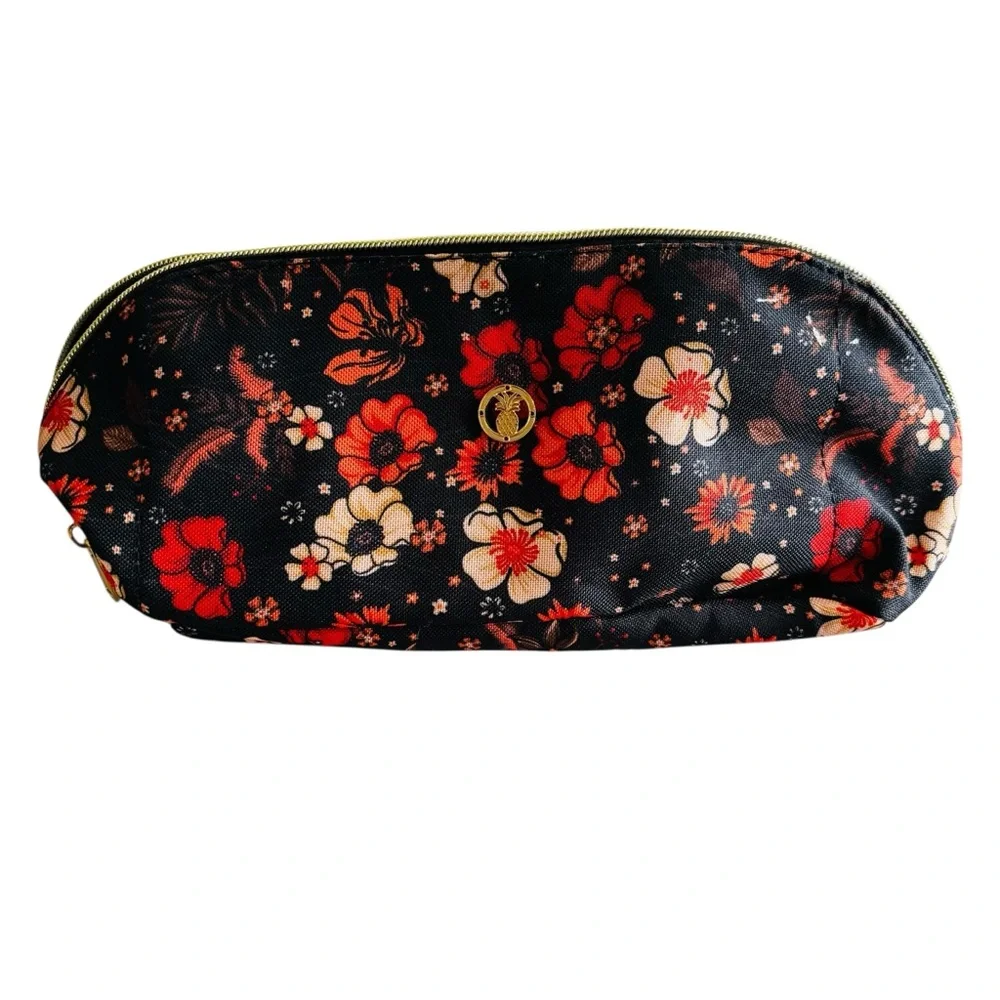 NWOT Simply Southern Black Red Orange Large Floral Cosmetic Bag with Gold Zipper